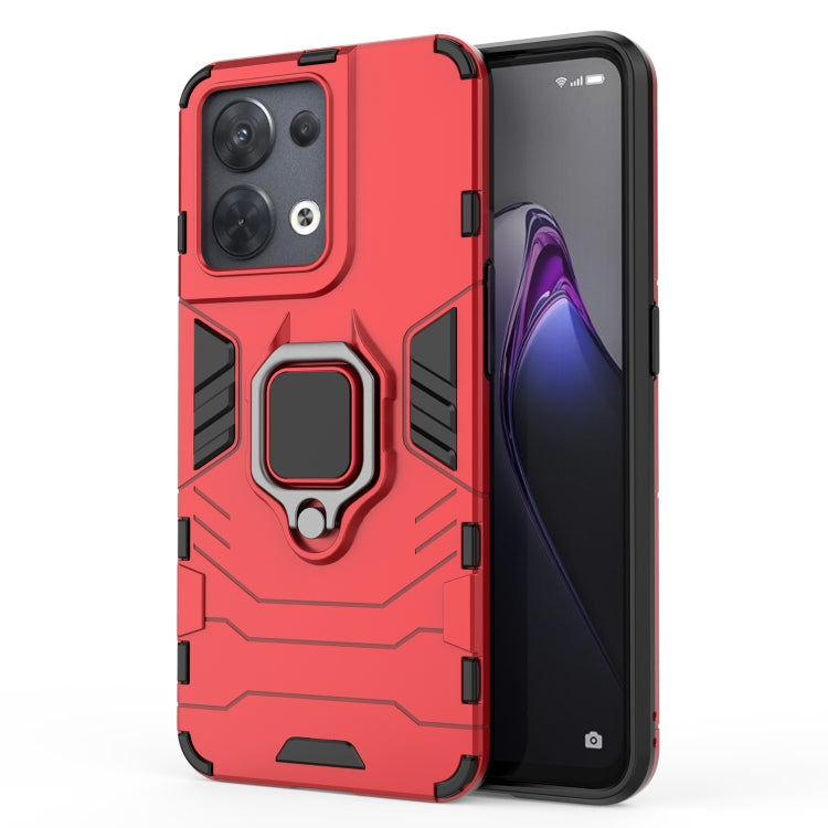 Shockproof protective phone case with magnetic ring holder, red, front and back view