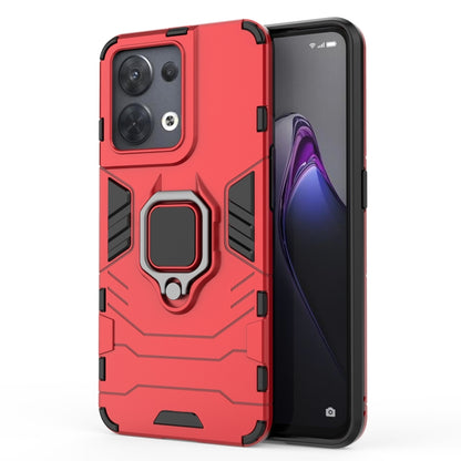 Shockproof protective phone case with magnetic ring holder, red, front and back view