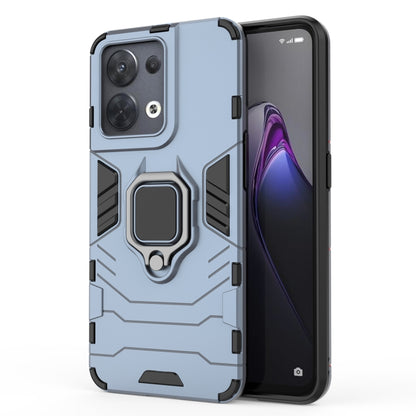 Shockproof protective phone case with magnetic ring holder, light blue, front and back view