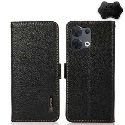 Black genuine leather RFID phone case with litchi texture, side magnetic closure, camera cutout