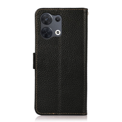 Black genuine leather phone case with litchi texture, camera cutout and side grip opening
