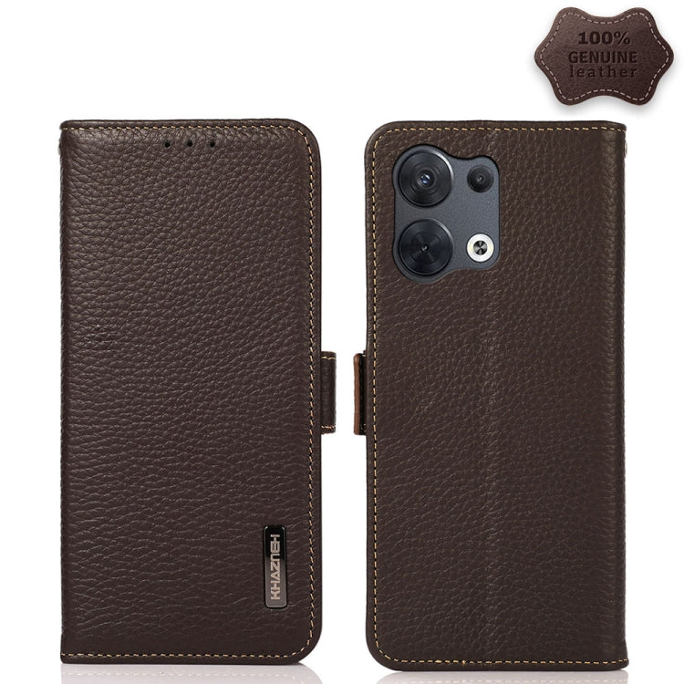 Genuine leather phone case with litchi texture, side magnetic closure, brown.