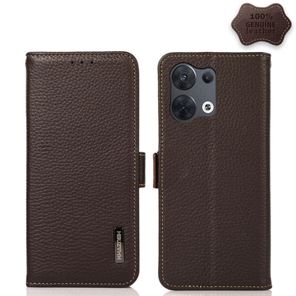 Genuine leather phone case with litchi texture, side magnetic closure, brown.