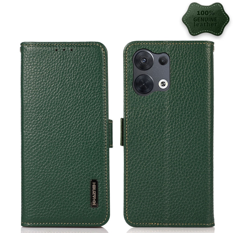 Genuine leather phone case with litchi texture, side magnetic closure, green.