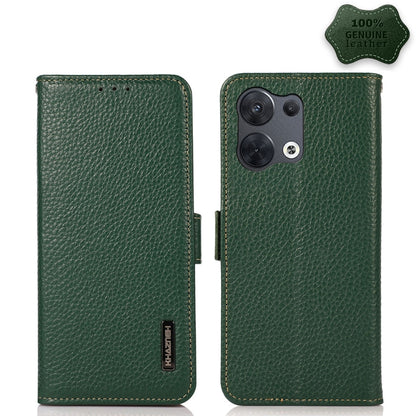 Genuine leather phone case with litchi texture, side magnetic closure, green.