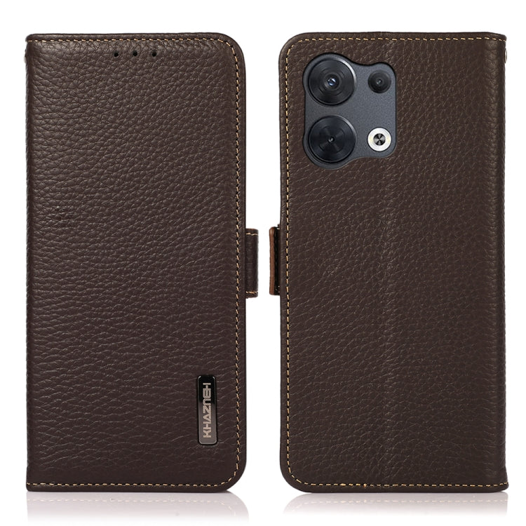 Genuine leather phone case with litchi texture, side magnetic closure, brown.