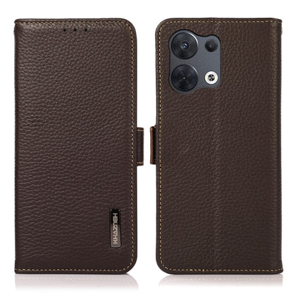 Genuine leather phone case with litchi texture, side magnetic closure, brown.
