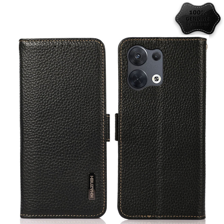 Black genuine leather RFID phone case with litchi texture, side magnetic closure, camera cutout