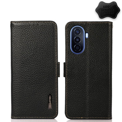 Black genuine leather RFID phone case with litchi texture, camera cutout for blue phone model