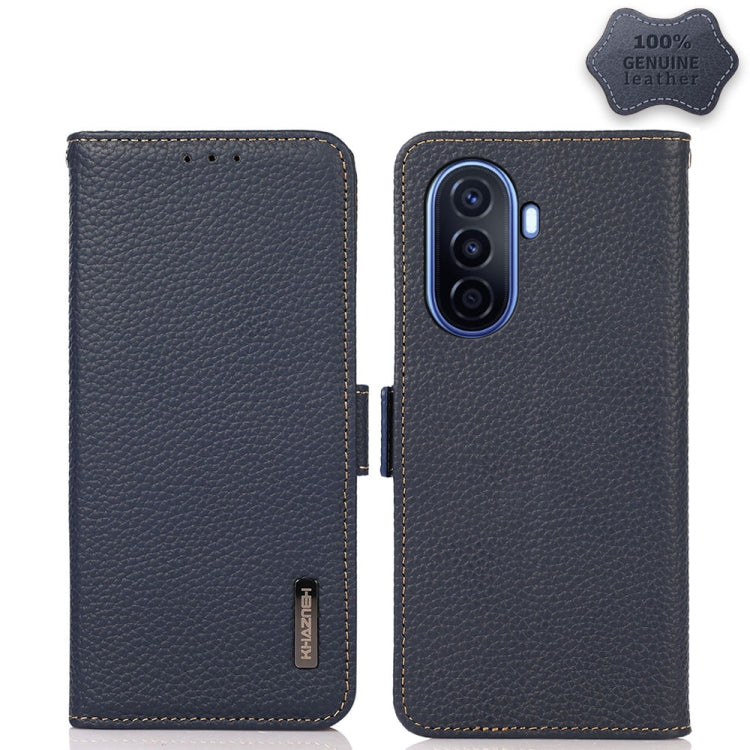 Genuine leather phone case with litchi texture, side magnetic closure, dark blue.