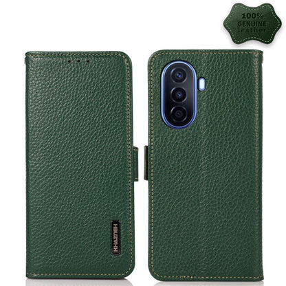 Genuine leather phone case with litchi texture, side magnetic closure, green.