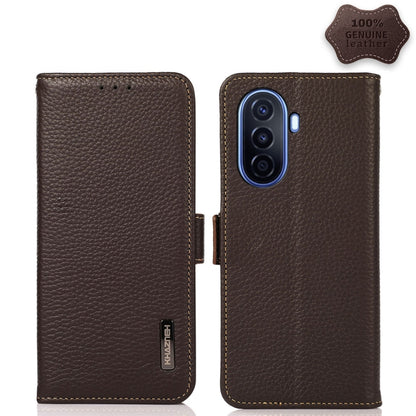 Brown genuine leather RFID phone case with litchi texture, side-magnetic flip cover and camera opening