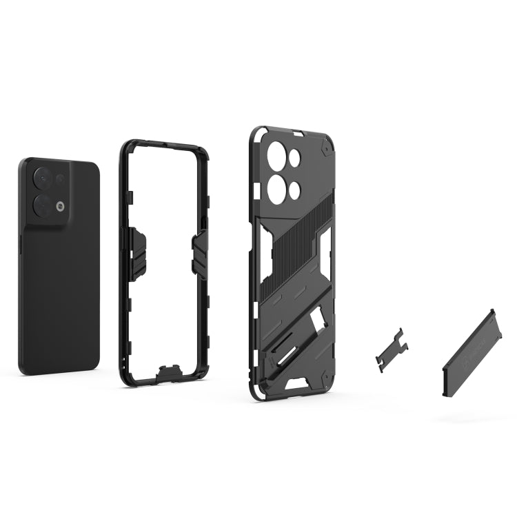 Rugged black phone case kit with front frame, back cover, and stand pieces