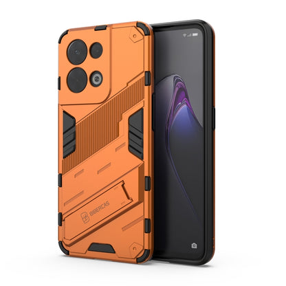Rugged orange phone case with textured armor panels and camera cutouts