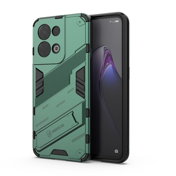 Rugged green phone case with textured armor panels and camera cutouts