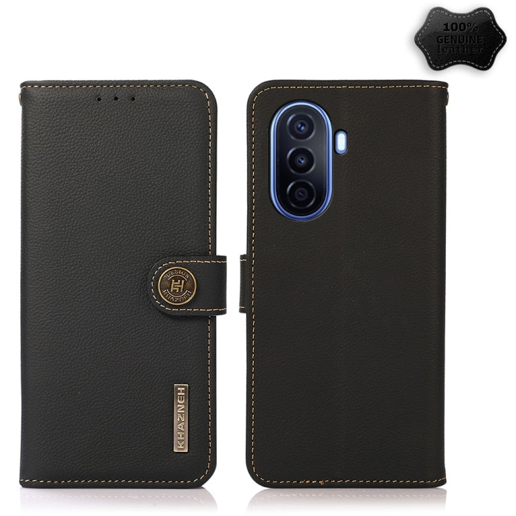 Genuine leather RFID phone case with flip cover, black finish and stitched edges