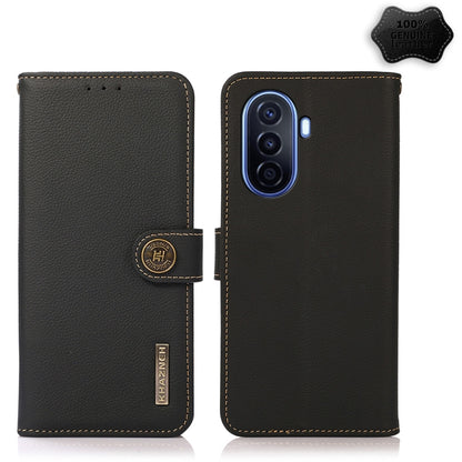Genuine leather RFID phone case with flip cover, black finish and stitched edges