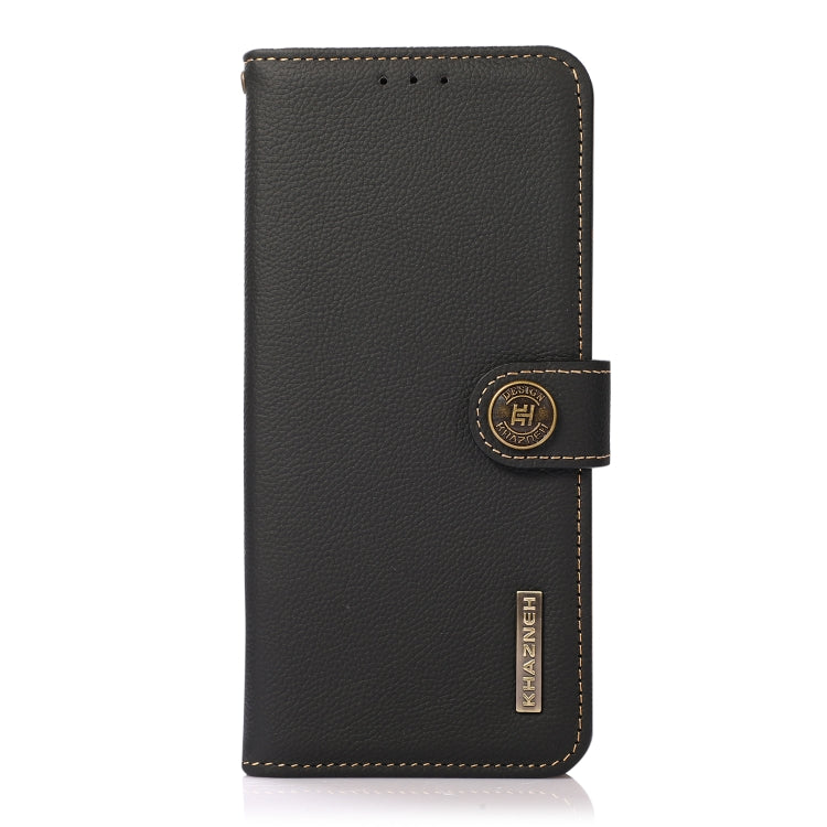 Genuine leather RFID flip phone case, black with magnetic strap and stitched trim