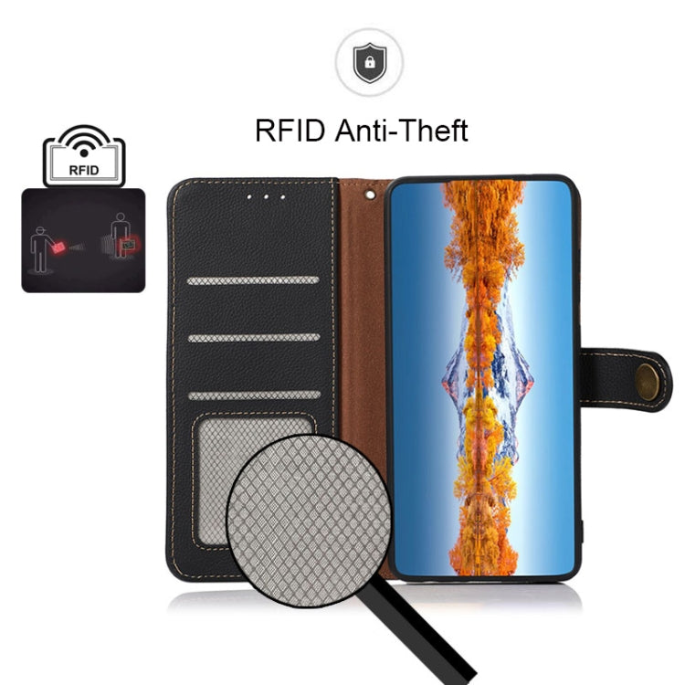 Leather RFID phone case with card slots and interior pocket, shown open with phone