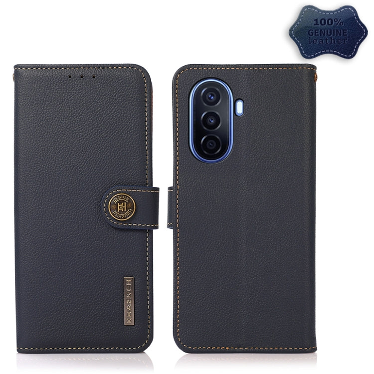 Genuine leather RFID flip phone case, dark blue with stitched edges and magnetic strap