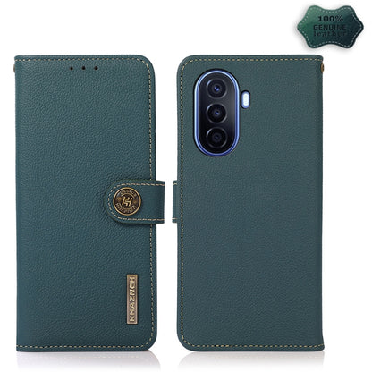 Genuine leather RFID flip phone case, green leather with magnetic clasp and stitched edges