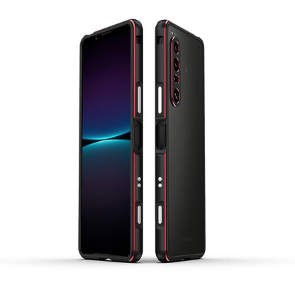 Metal-frame protective phone case with lens protector for Sony Xperia 1 IV, black with red