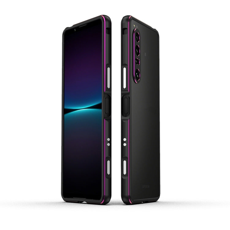 Metal-frame protective phone case with lens protector for Sony Xperia 1 IV, black with purple