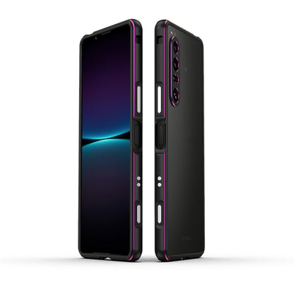 Metal-frame protective phone case with lens protector for Sony Xperia 1 IV, black with purple