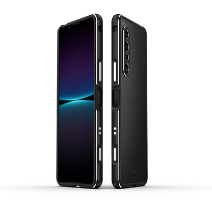 Metal-frame protective phone case with lens protector for Sony Xperia 1 IV, black with silver trim