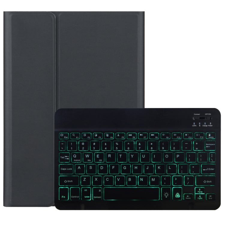 Black leather tablet case with Bluetooth keyboard, green backlit keys