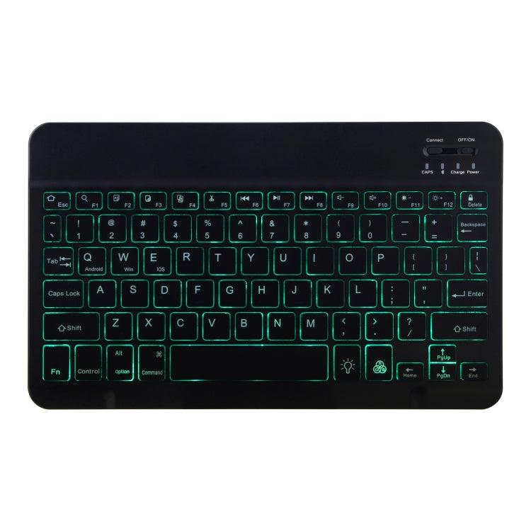 Black Bluetooth keyboard with green backlit keys and trackpad