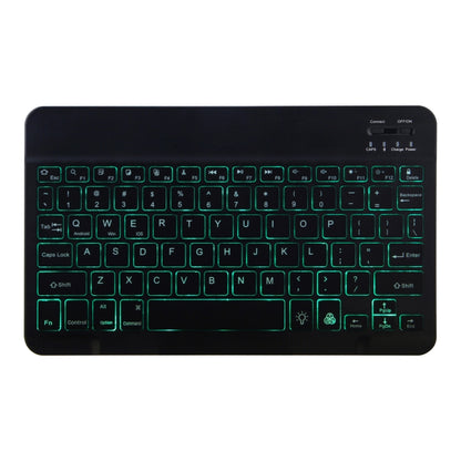 Black Bluetooth keyboard with green backlit keys and trackpad