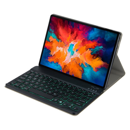 Black Bluetooth keyboard case with tablet display and green backlit keys