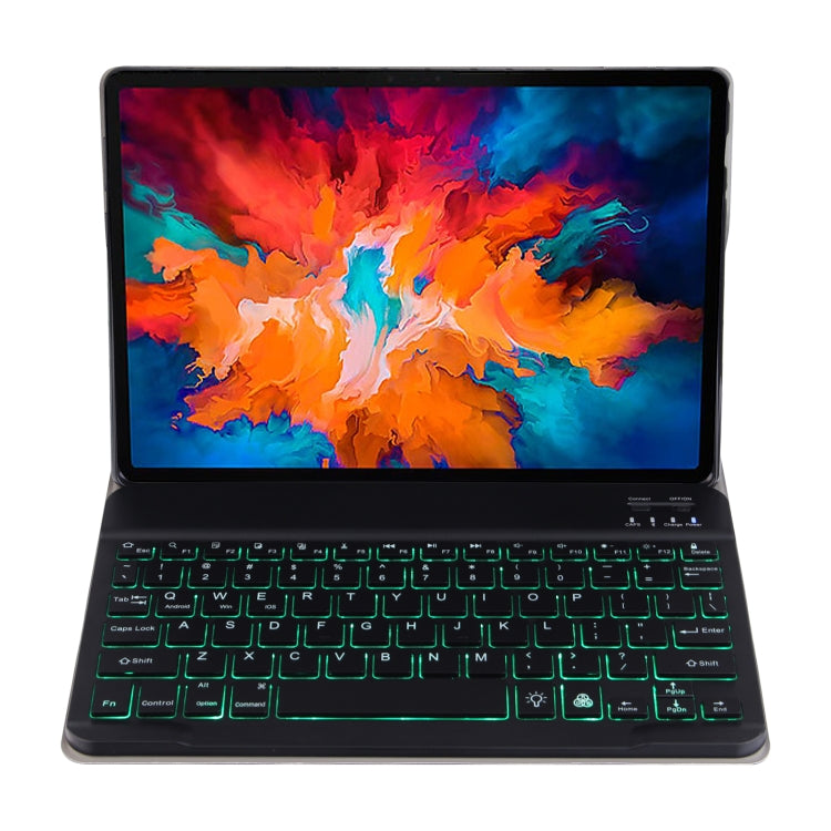 Black Bluetooth keyboard case with tablet display and green backlit keys