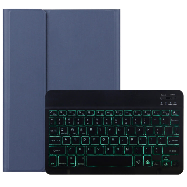 Blue leather tablet case with Bluetooth keyboard, green backlit keys