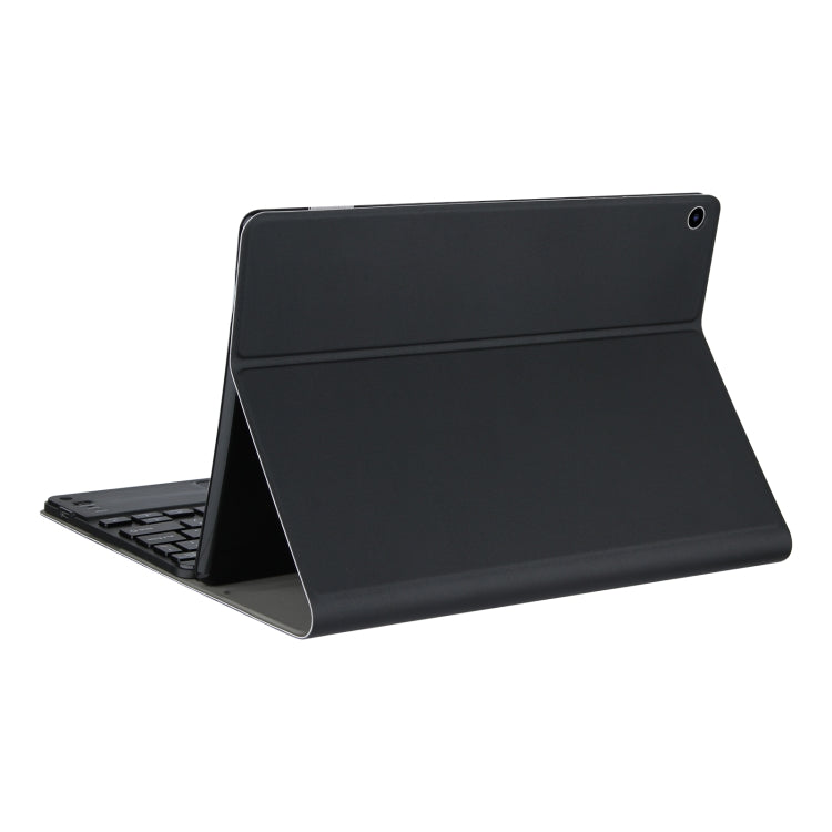 Black leather tablet case with angled stand and Bluetooth keyboard
