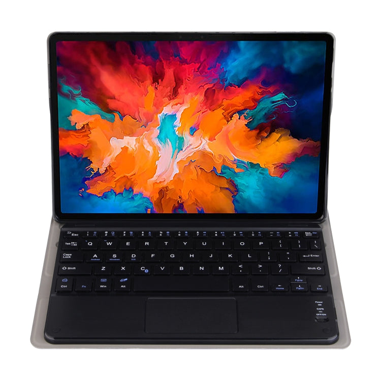 Black tablet case with Bluetooth keyboard and touchpad, front view