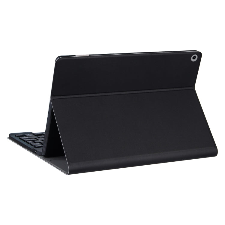 Black tablet case with Bluetooth keyboard in stand position, open viewing angle