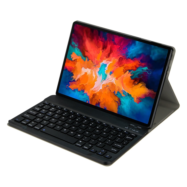 Black tablet case with Bluetooth keyboard and tablet displaying colorful screen