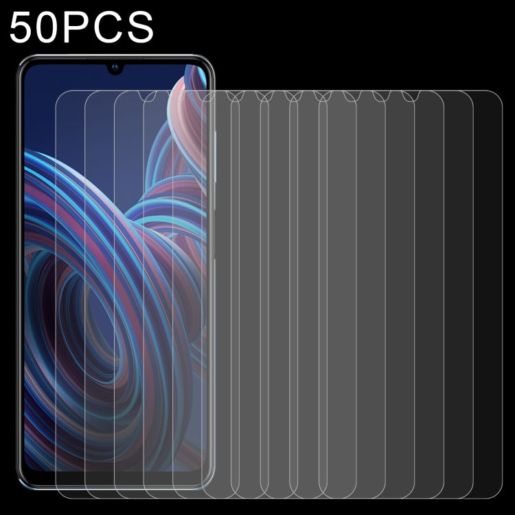 50-pack clear tempered glass screen protectors with curved-fit overlays on phone
