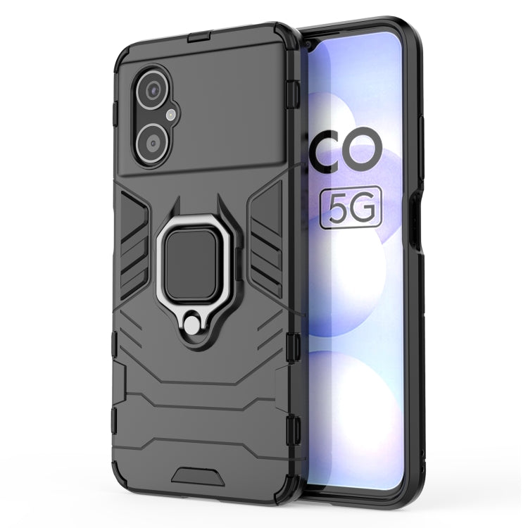 Black shockproof phone case with TPU bumper and magnetic ring holder