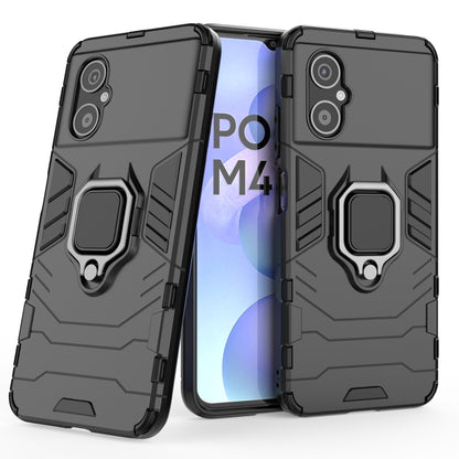 Black rugged phone case with magnetic ring holder, dual camera cutouts