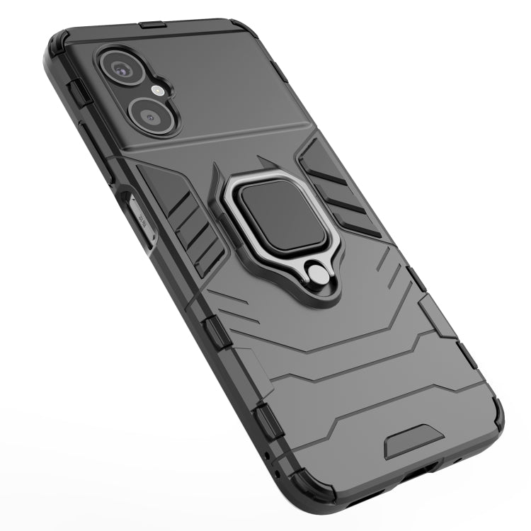 Black shockproof phone case with raised magnetic ring holder detail