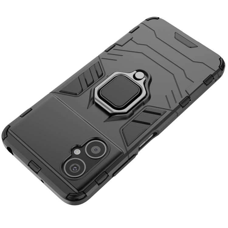 Black rugged phone case with magnetic ring holder and textured grip panels