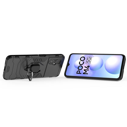 Black rugged phone case with magnetic ring holder, shown on phone front and back