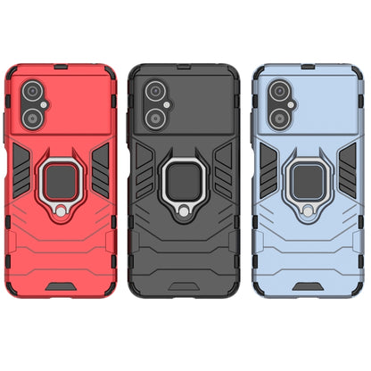 Set of rugged phone cases in red, black, and blue with magnetic ring holders