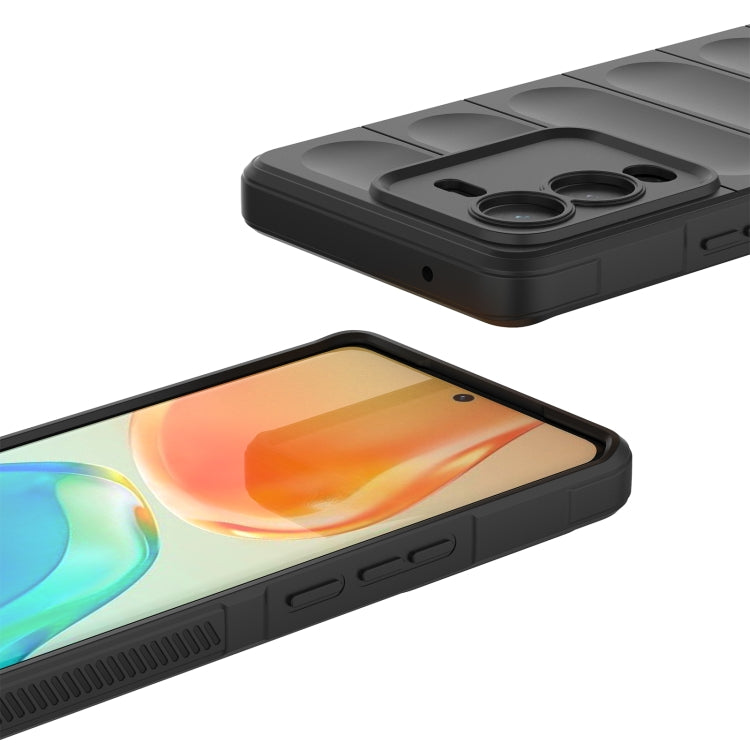 Rugged black phone case with side buttons and cutout, angled close view