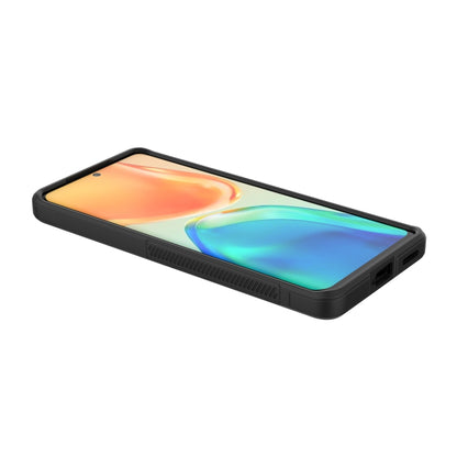 Rugged black phone case with textured grip edges, front view