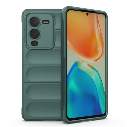 Rugged dark green phone case with raised edges and camera cutouts, front and back shown