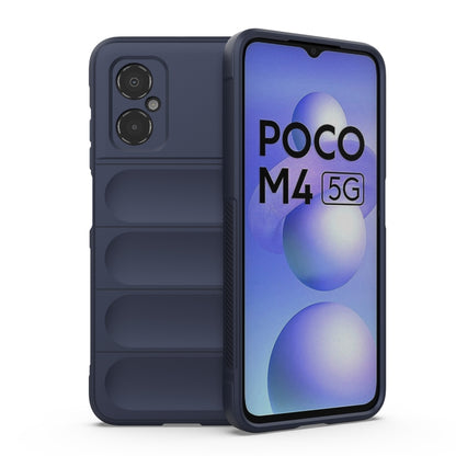 Dark blue phone case with textured panels, camera cutouts, and raised edges